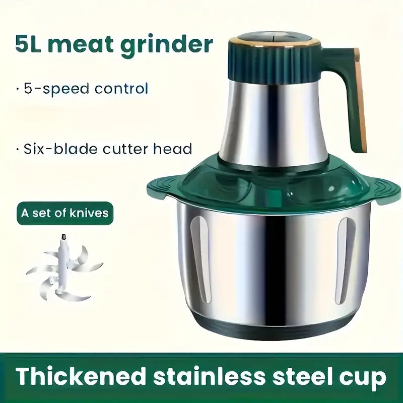5L Stainless Steel Food Processor with 6-Blade Rotating Knife